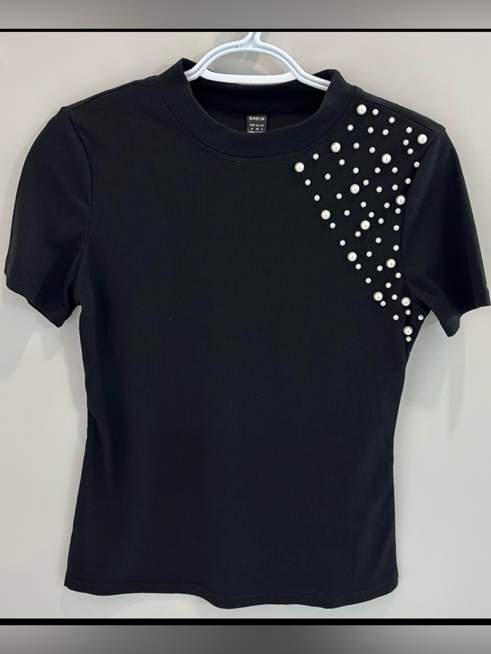 SHEIN Black Short Sleeve Tee with Pearl Studs detail party work trendy chic